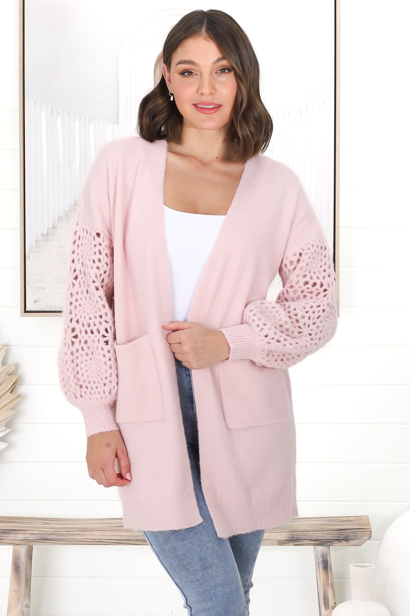 Lorena Cardigan - Holey Knit Sleeve Cardigan in Pink