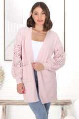 Lorena Cardigan - Holey Knit Sleeve Cardigan in Pink