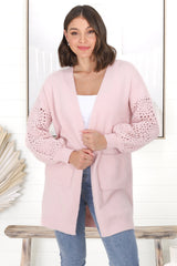 Lorena Cardigan - Holey Knit Sleeve Cardigan in Pink