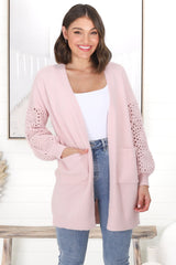 Lorena Cardigan - Holey Knit Sleeve Cardigan in Pink