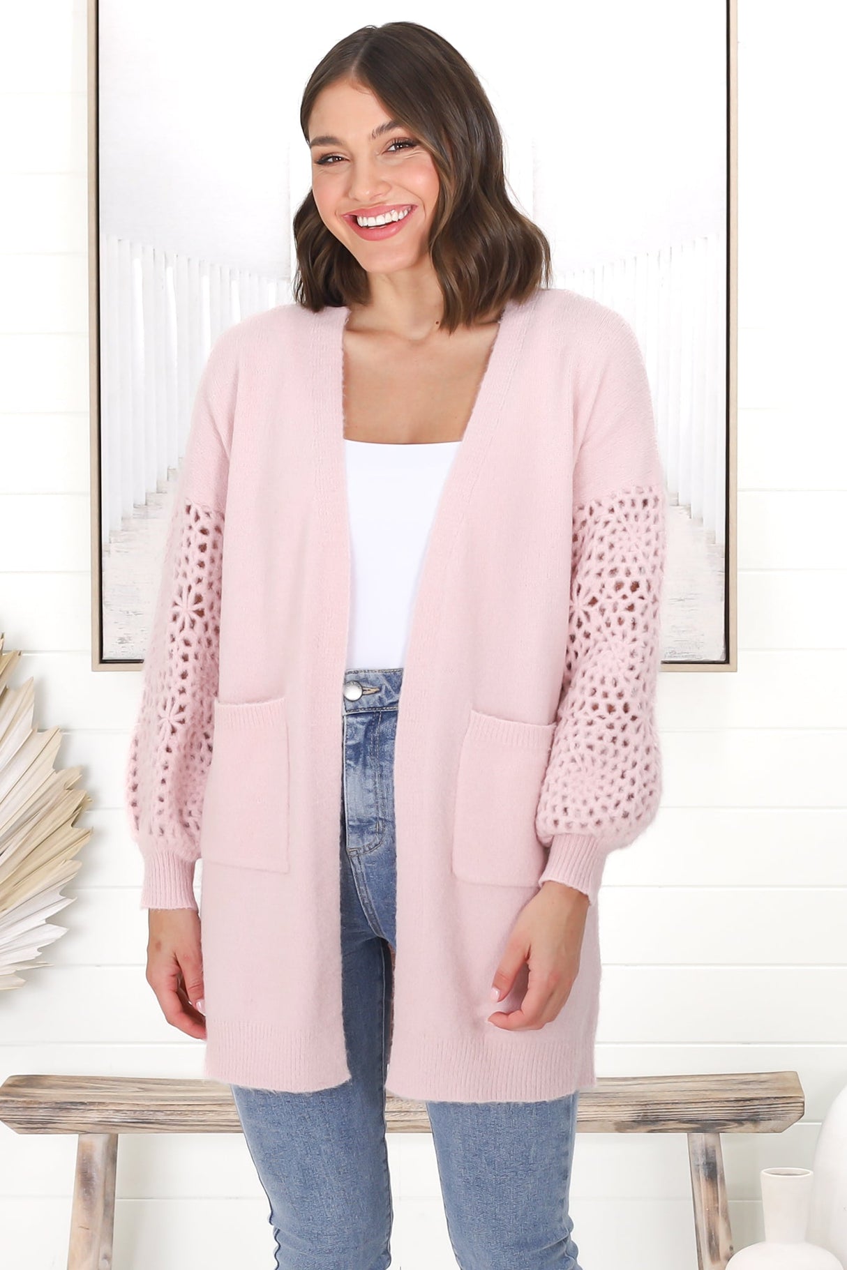 Lorena Cardigan - Holey Knit Sleeve Cardigan in Pink