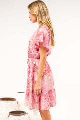 Lorena Mini Dress - V Neck Pull Tie Waist Mini Dress in Coralise Print Pink