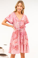 Lorena Mini Dress - V Neck Pull Tie Waist Mini Dress in Coralise Print Pink