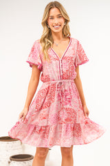 Lorena Mini Dress - V Neck Pull Tie Waist Mini Dress in Coralise Print Pink
