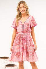 Lorena Mini Dress - V Neck Pull Tie Waist Mini Dress in Coralise Print Pink