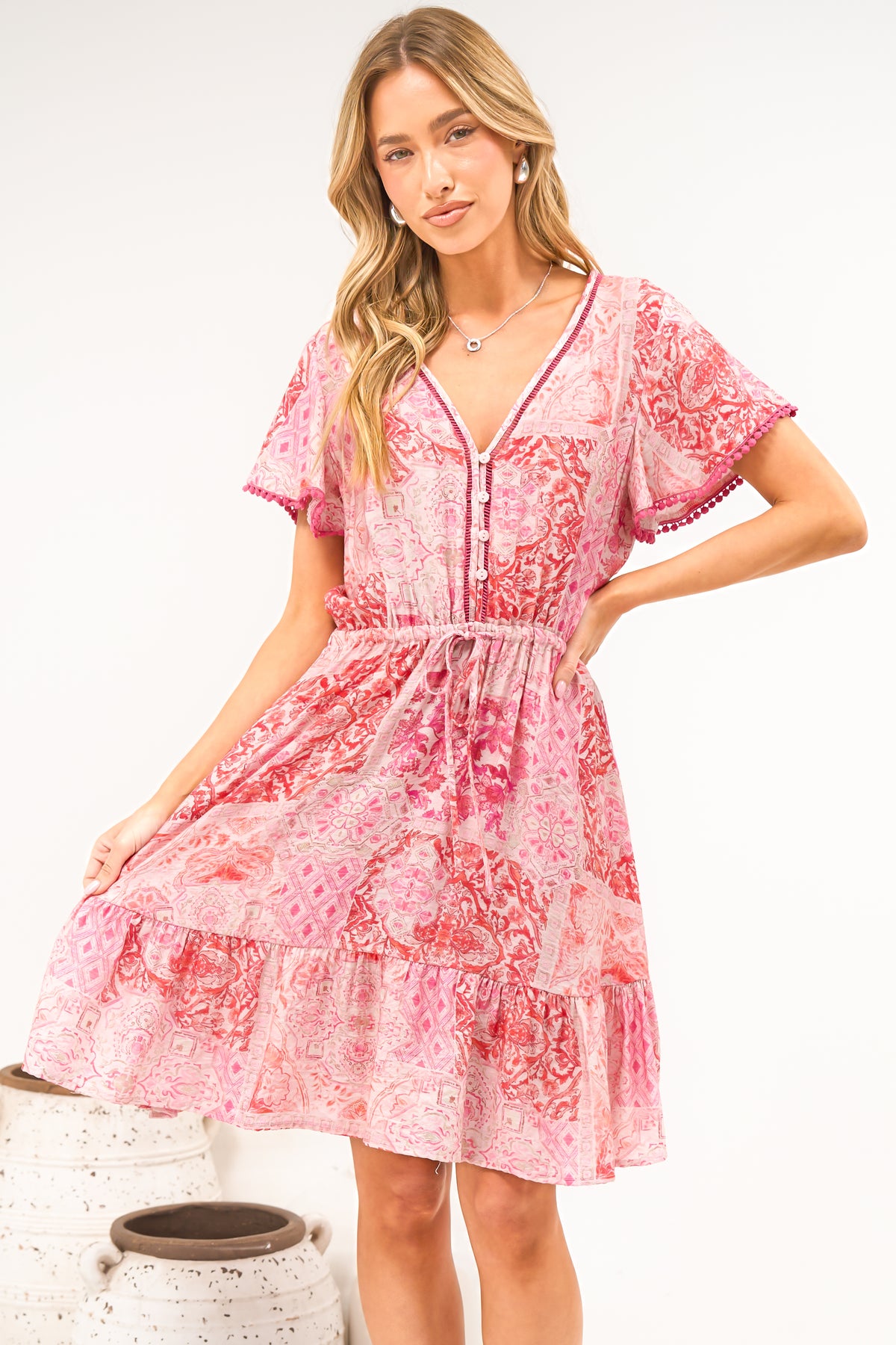 Lorena Mini Dress - V Neck Pull Tie Waist Mini Dress in Coralise Print Pink
