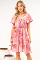 Lorena Mini Dress - V Neck Pull Tie Waist Mini Dress in Coralise Print Pink