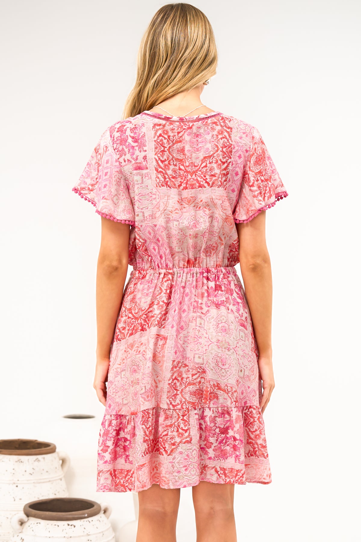 Lorena Mini Dress - V Neck Pull Tie Waist Mini Dress in Coralise Print Pink