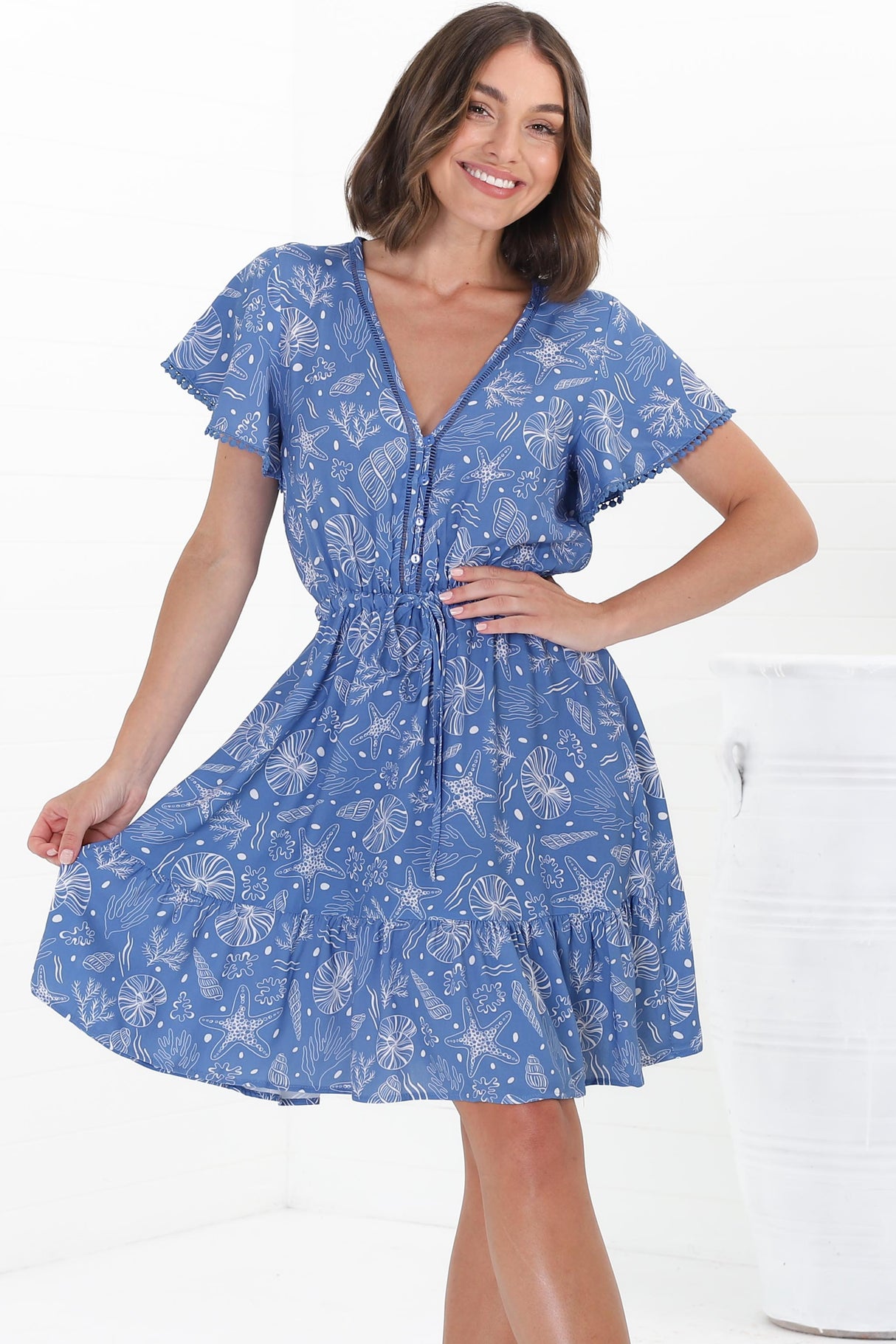 Lorena Mini Dress - V Neck Pull Tie Waist Mini Dress in Cove Print Blue