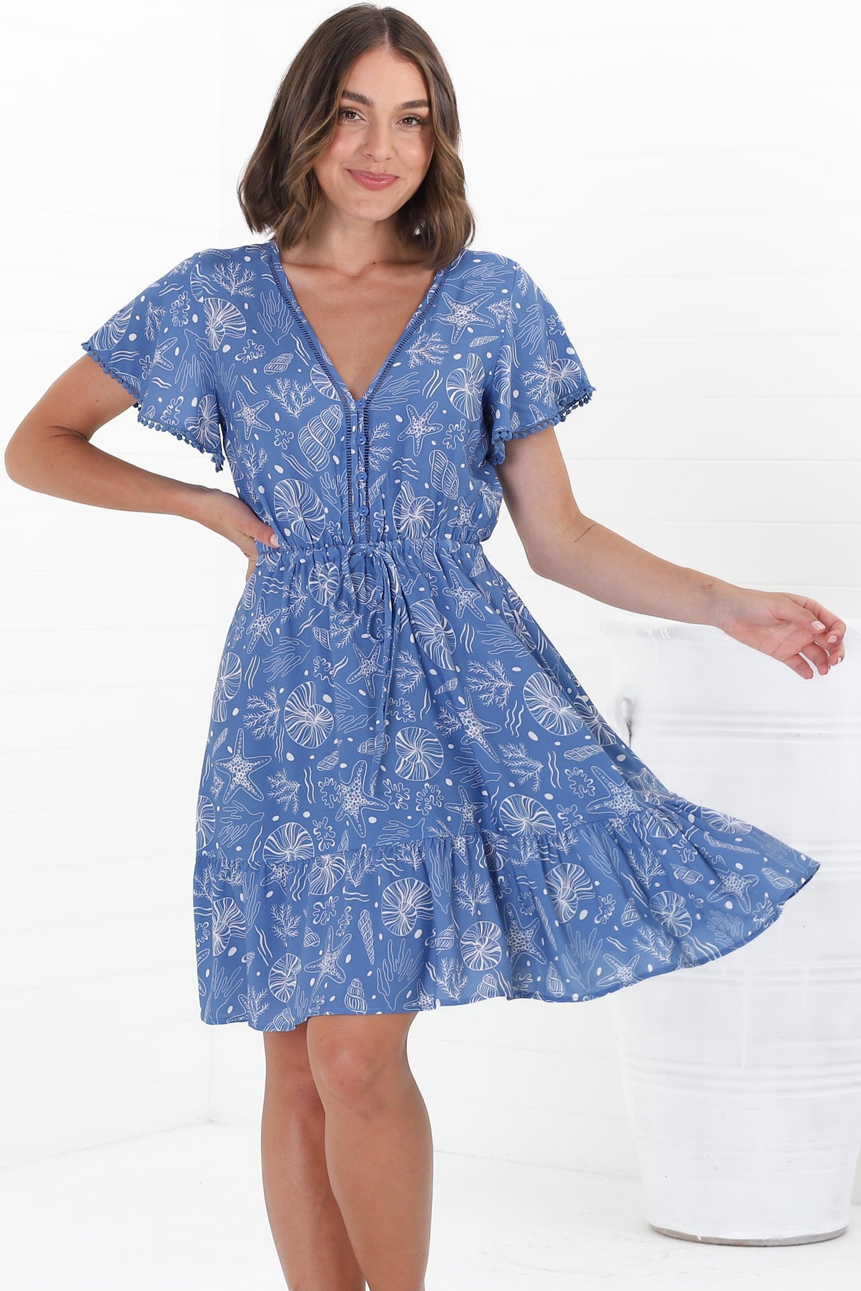 Lorena Mini Dress - V Neck Pull Tie Waist Mini Dress in Cove Print Blue