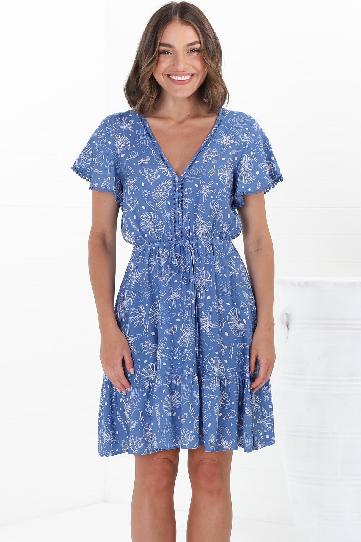 Lorena Mini Dress - V Neck Pull Tie Waist Mini Dress in Cove Print Blue