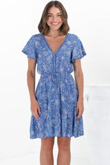 Lorena Mini Dress - V Neck Pull Tie Waist Mini Dress in Cove Print Blue