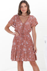 Lorena Mini Dress - V Neck Pull Tie Waist Mini Dress in Cove Print Terracotta