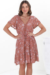 Lorena Mini Dress - V Neck Pull Tie Waist Mini Dress in Cove Print Terracotta