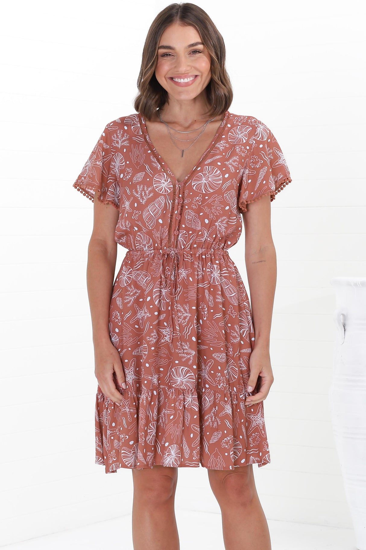 Lorena Mini Dress - V Neck Pull Tie Waist Mini Dress in Cove Print Terracotta