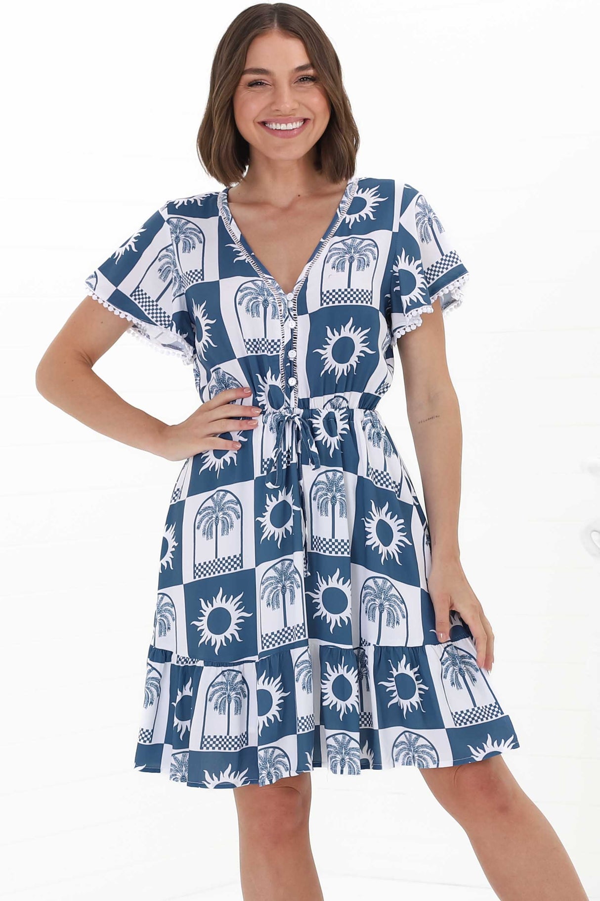 Lorena Mini Dress - V Neck Pull Tie Waist Mini Dress in Layah Print Blue