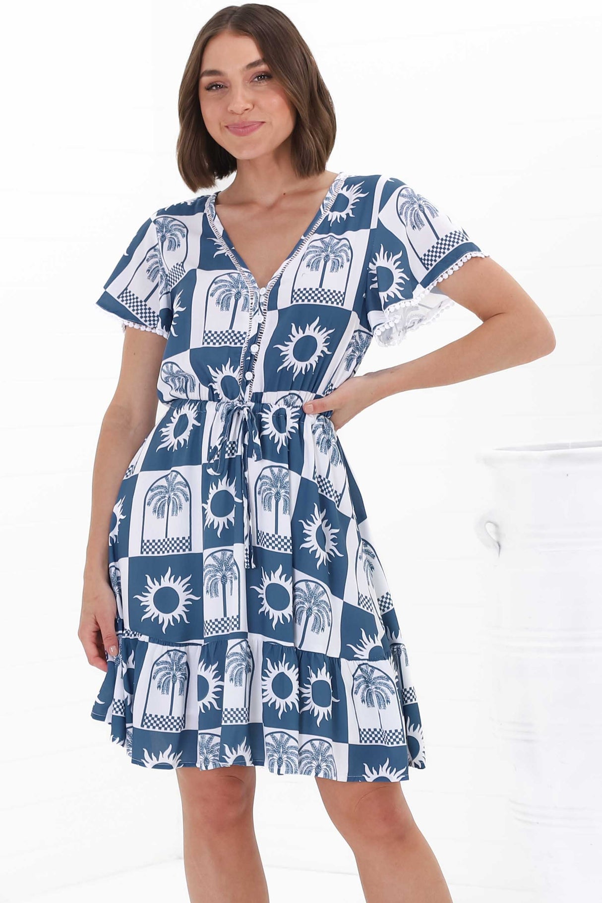 Lorena Mini Dress - V Neck Pull Tie Waist Mini Dress in Layah Print Blue