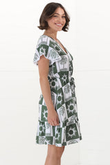 Lorena Mini Dress - V Neck Pull Tie Waist Mini Dress in Layah Print Green