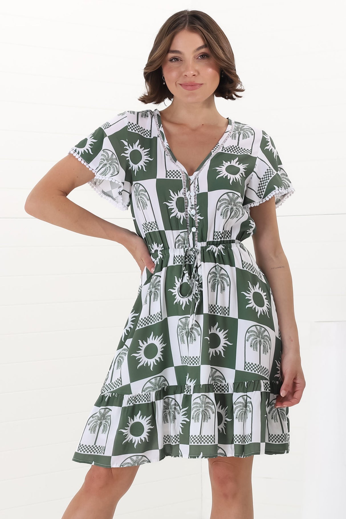 Lorena Mini Dress - V Neck Pull Tie Waist Mini Dress in Layah Print Green