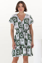 Lorena Mini Dress - V Neck Pull Tie Waist Mini Dress in Layah Print Green