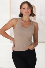 Lorena Ribbed Top - Scooped Neckline Thick Strap Ribbed Top in Beige