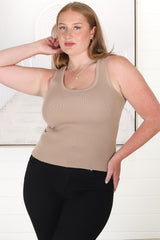 Lorena Ribbed Top - Scooped Neckline Thick Strap Ribbed Top in Beige