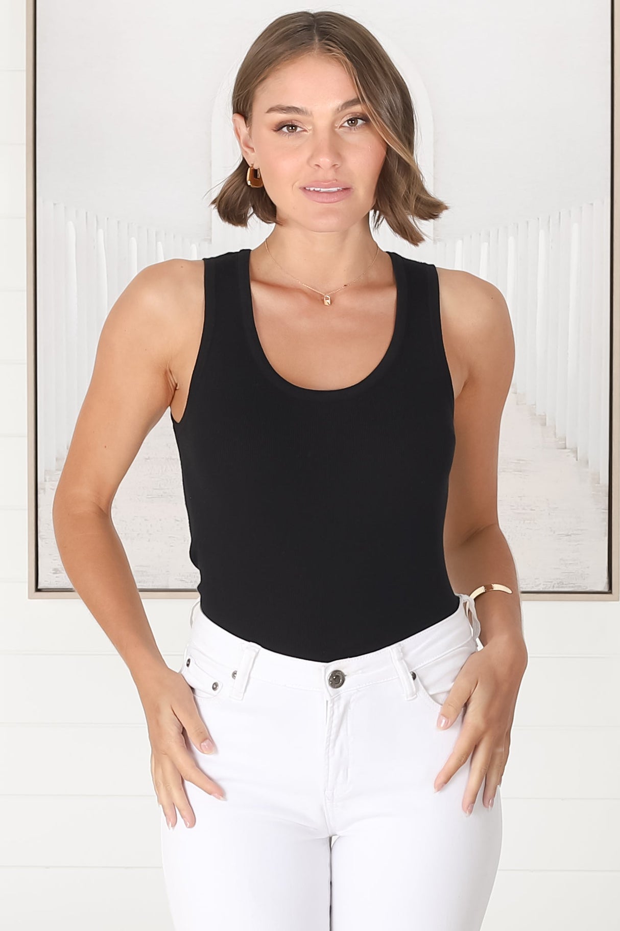 Lorena Ribbed Top - Scooped Neckline Thick Strap Ribbed Top in Black