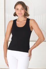 Lorena Ribbed Top - Scooped Neckline Thick Strap Ribbed Top in Black