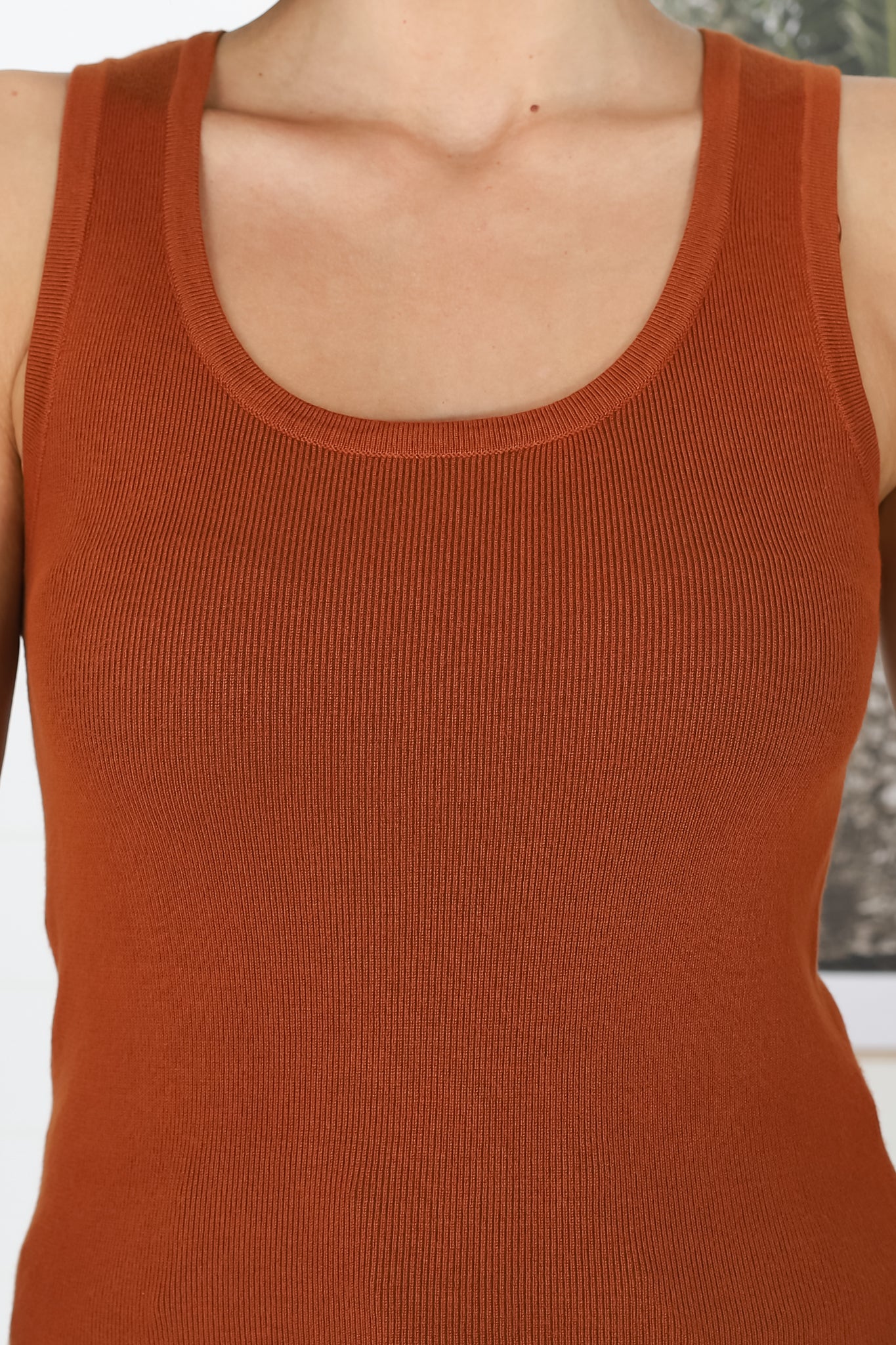 Lorena Ribbed Top - Scooped Neckline Thick Strap Ribbed Top in Rust