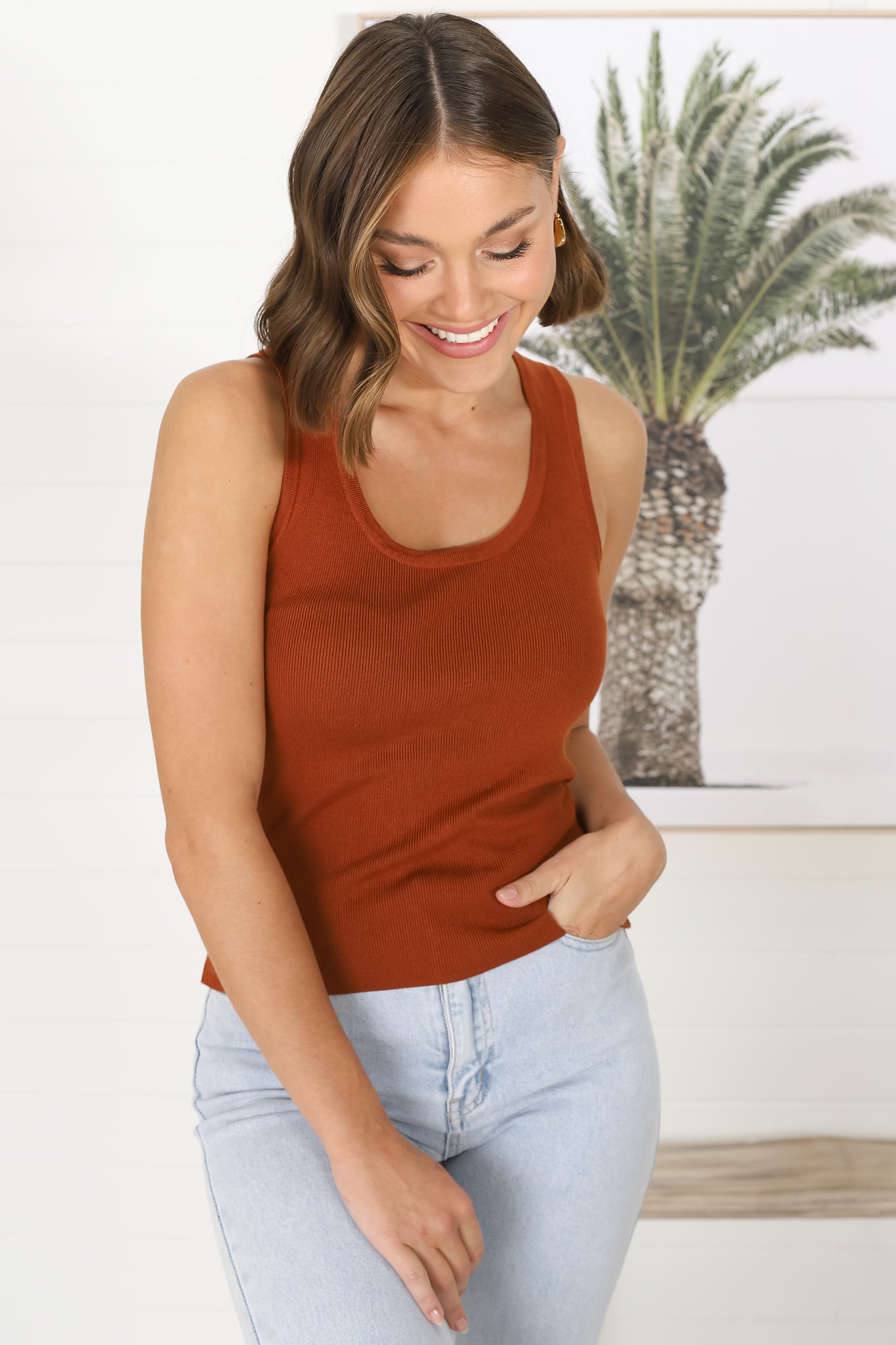 Lorena Ribbed Top - Scooped Neckline Thick Strap Ribbed Top in Rust