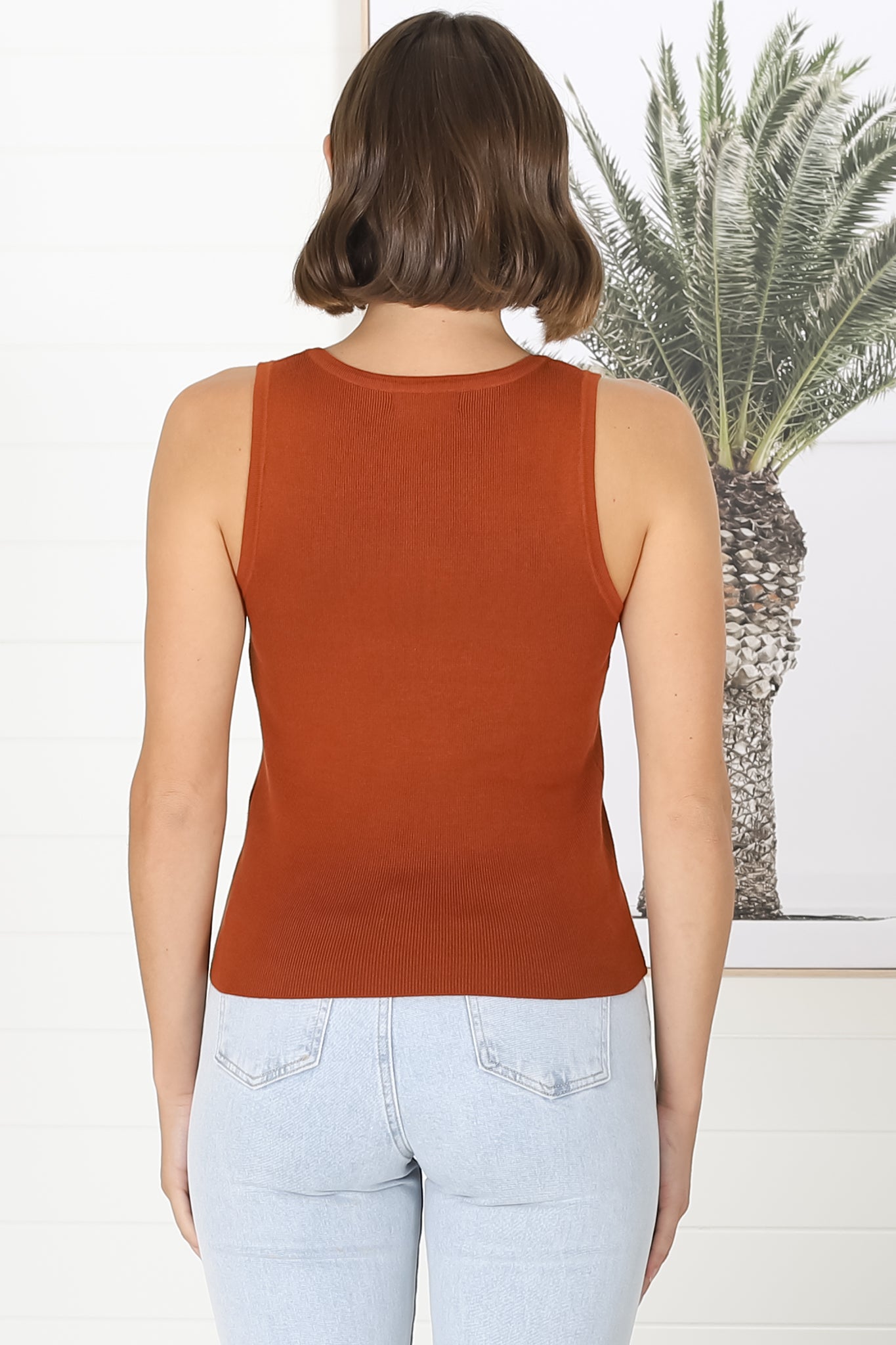 Lorena Ribbed Top - Scooped Neckline Thick Strap Ribbed Top in Rust