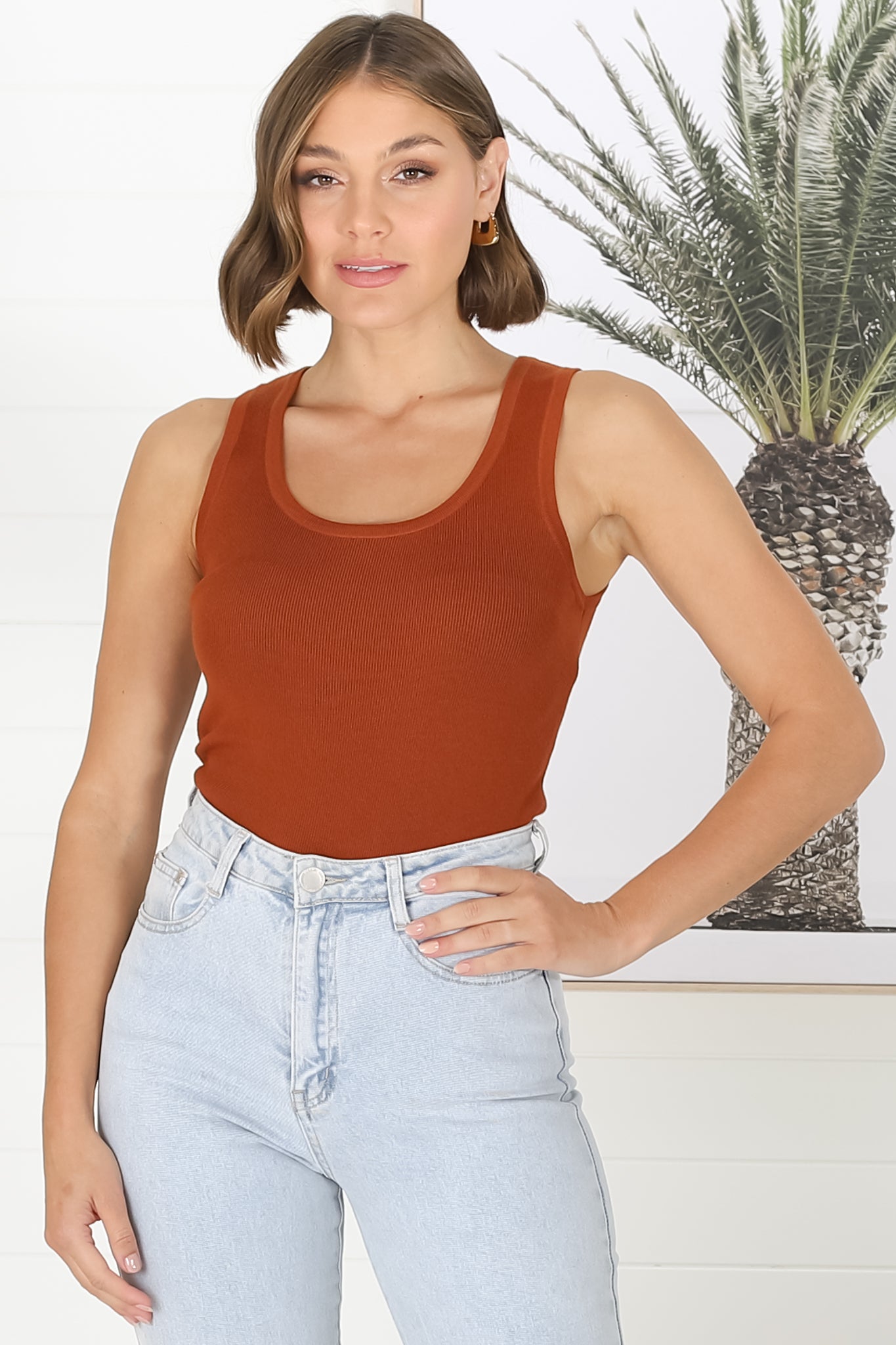 Lorena Ribbed Top - Scooped Neckline Thick Strap Ribbed Top in Rust