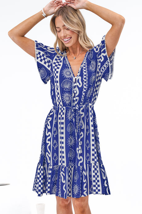 Lorena Mini Dress - V Neck Pull Tie Waist Mini Dress in Capri Bloom Print