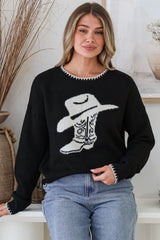 Loretta Jumper - Crew Neck Cowgirl Motif Knit in Black