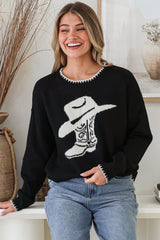Loretta Jumper - Crew Neck Cowgirl Motif Knit in Black
