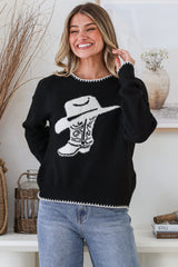 Loretta Jumper - Crew Neck Cowgirl Motif Knit in Black