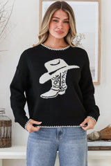 Loretta Jumper - Crew Neck Cowgirl Motif Knit in Black