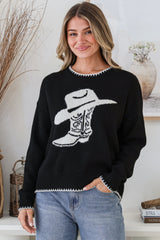 Loretta Jumper - Crew Neck Cowgirl Motif Knit in Black