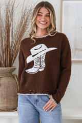 Loretta Jumper - Crew Neck Cowgirl Motif Knit in Chocolate