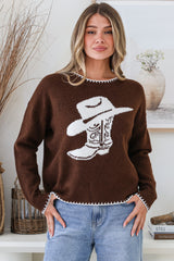 Loretta Jumper - Crew Neck Cowgirl Motif Knit in Chocolate