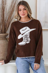 Loretta Jumper - Crew Neck Cowgirl Motif Knit in Chocolate