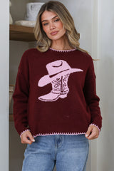Loretta Jumper - Crew Neck Cowgirl Motif Knit in Wine