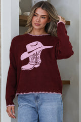 Loretta Jumper - Crew Neck Cowgirl Motif Knit in Wine