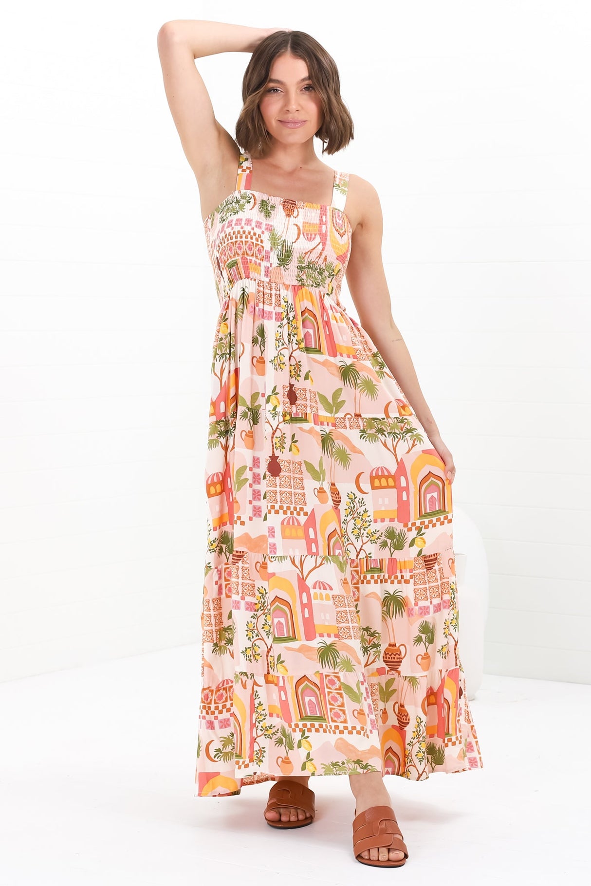 Loretta Maxi Dress - Elasticated Bodice Sun Dress in Baroa Print