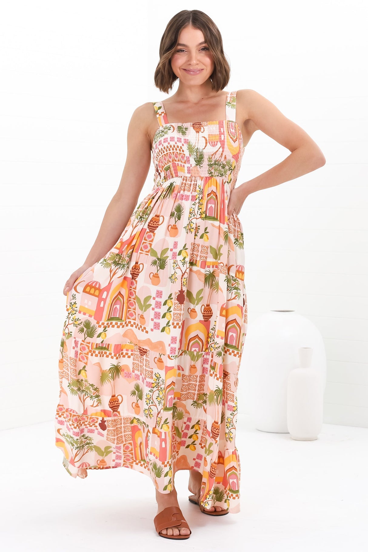 Loretta Maxi Dress - Elasticated Bodice Sun Dress in Baroa Print