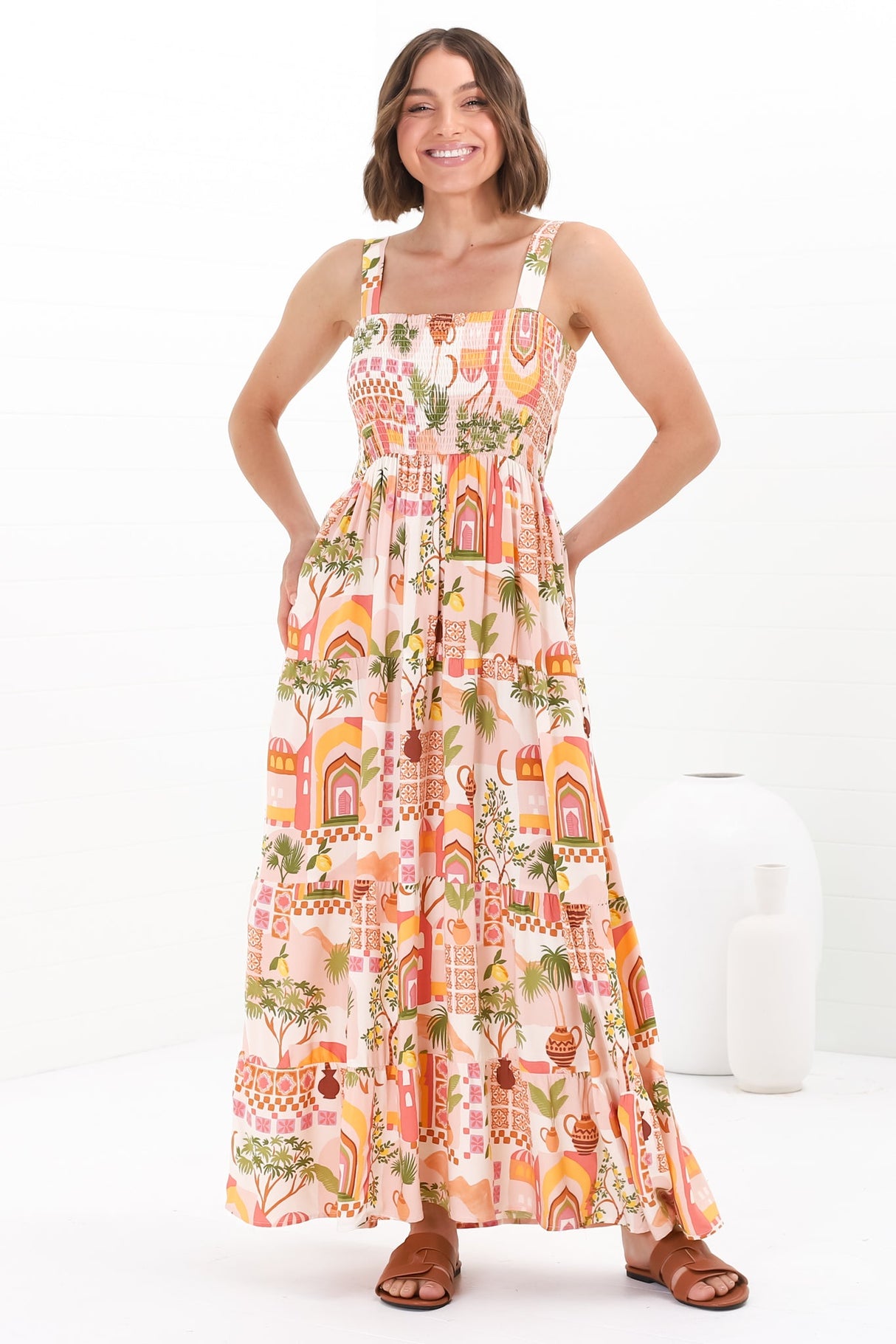 Loretta Maxi Dress - Elasticated Bodice Sun Dress in Baroa Print