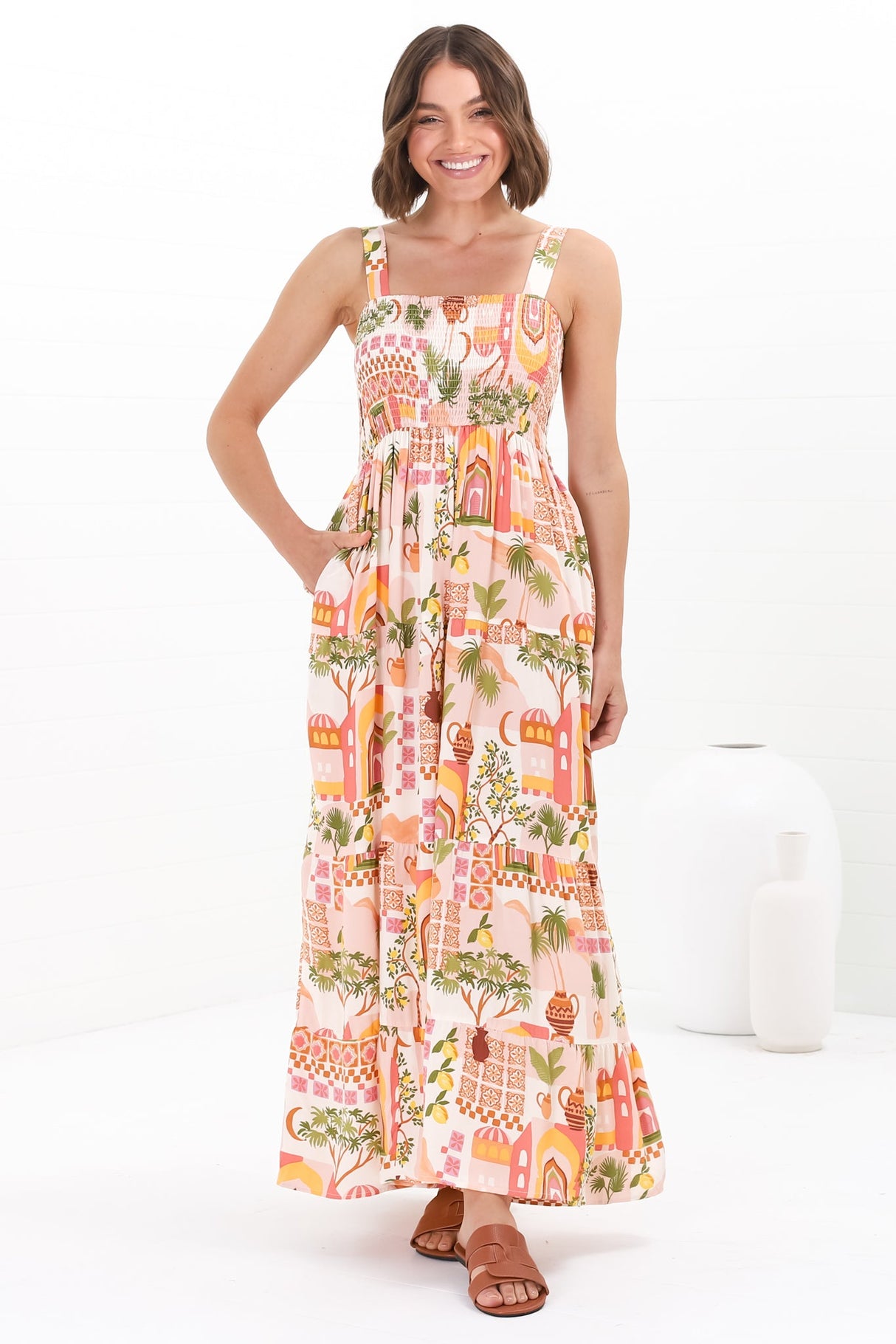 Loretta Maxi Dress - Elasticated Bodice Sun Dress in Baroa Print