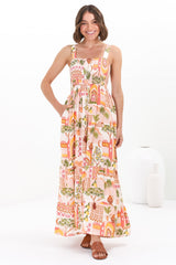 Loretta Maxi Dress - Elasticated Bodice Sun Dress in Baroa Print