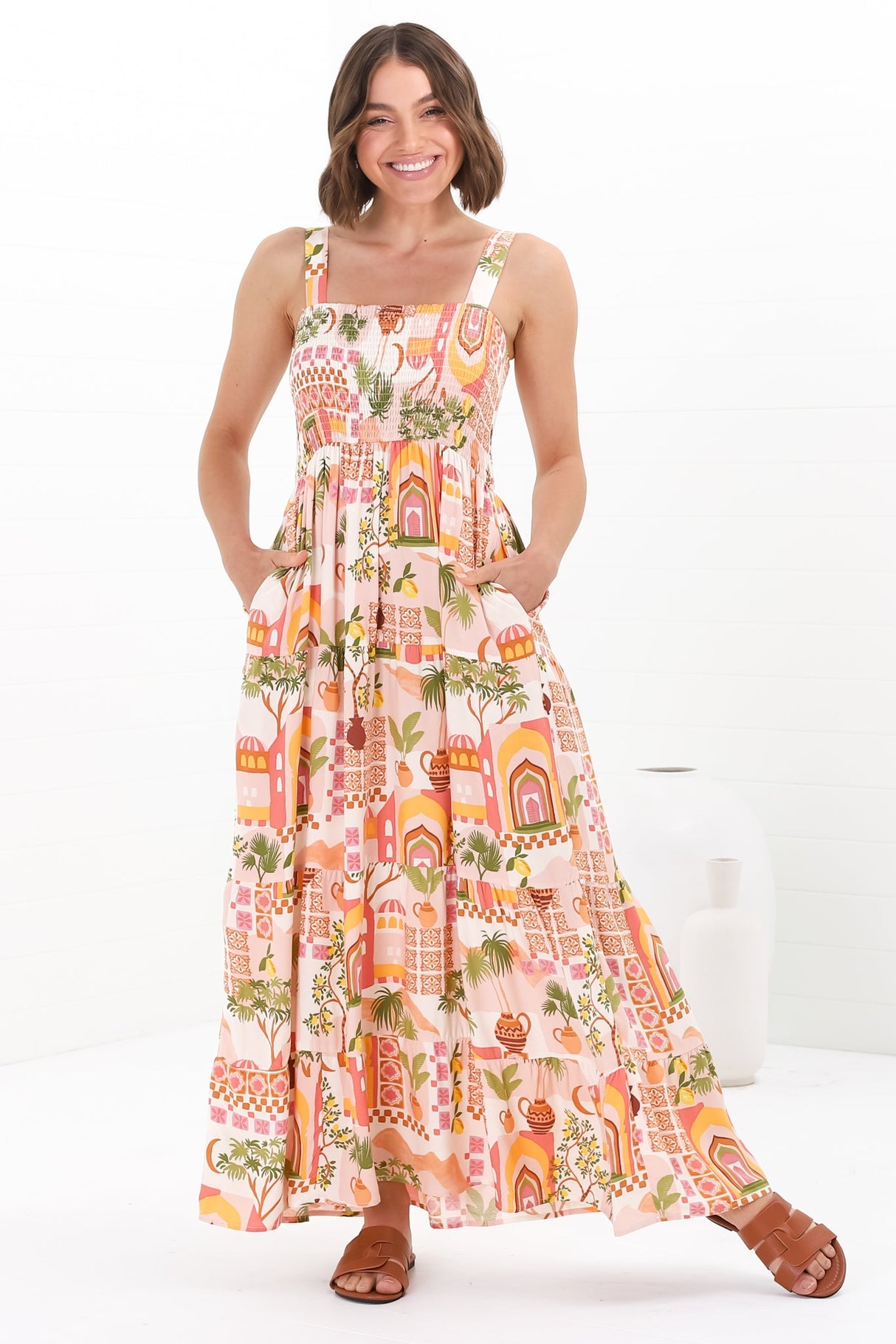 Loretta Maxi Dress - Elasticated Bodice Sun Dress in Baroa Print