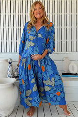 JAASE - Loretta Maxi Dress: Yoke Bodice Tiered Dress with Lace Spliced Balloon Sleeves in Blue Bell Print